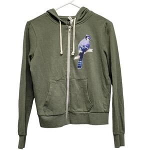 Hand Printed Upcycled Mens Small Long Sleeve Full Zip Blue Jay Hooded Jacket